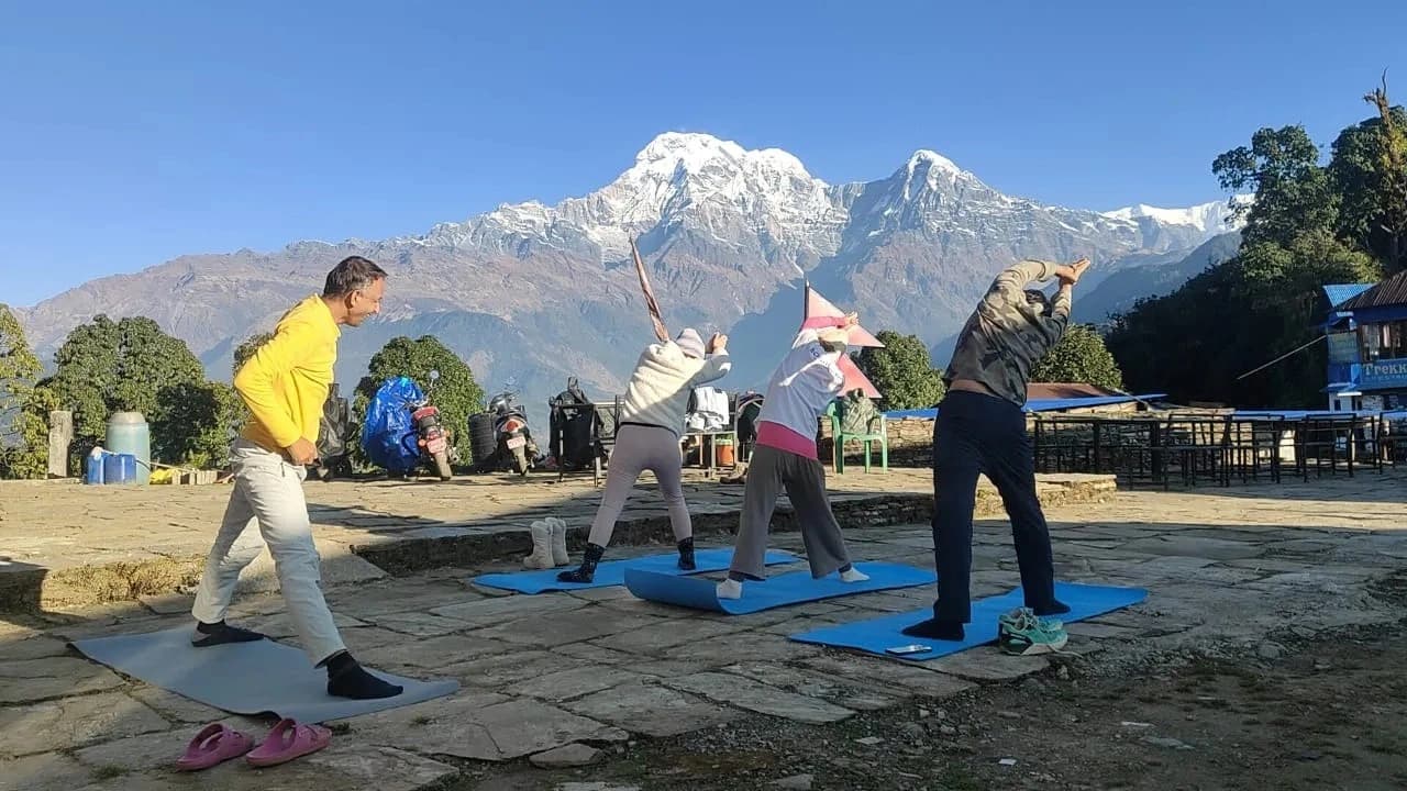 The Annapurna range and Machhapuchhre seen from Bodhidham Ashram in Ghachowk, Pokhara, Nepal